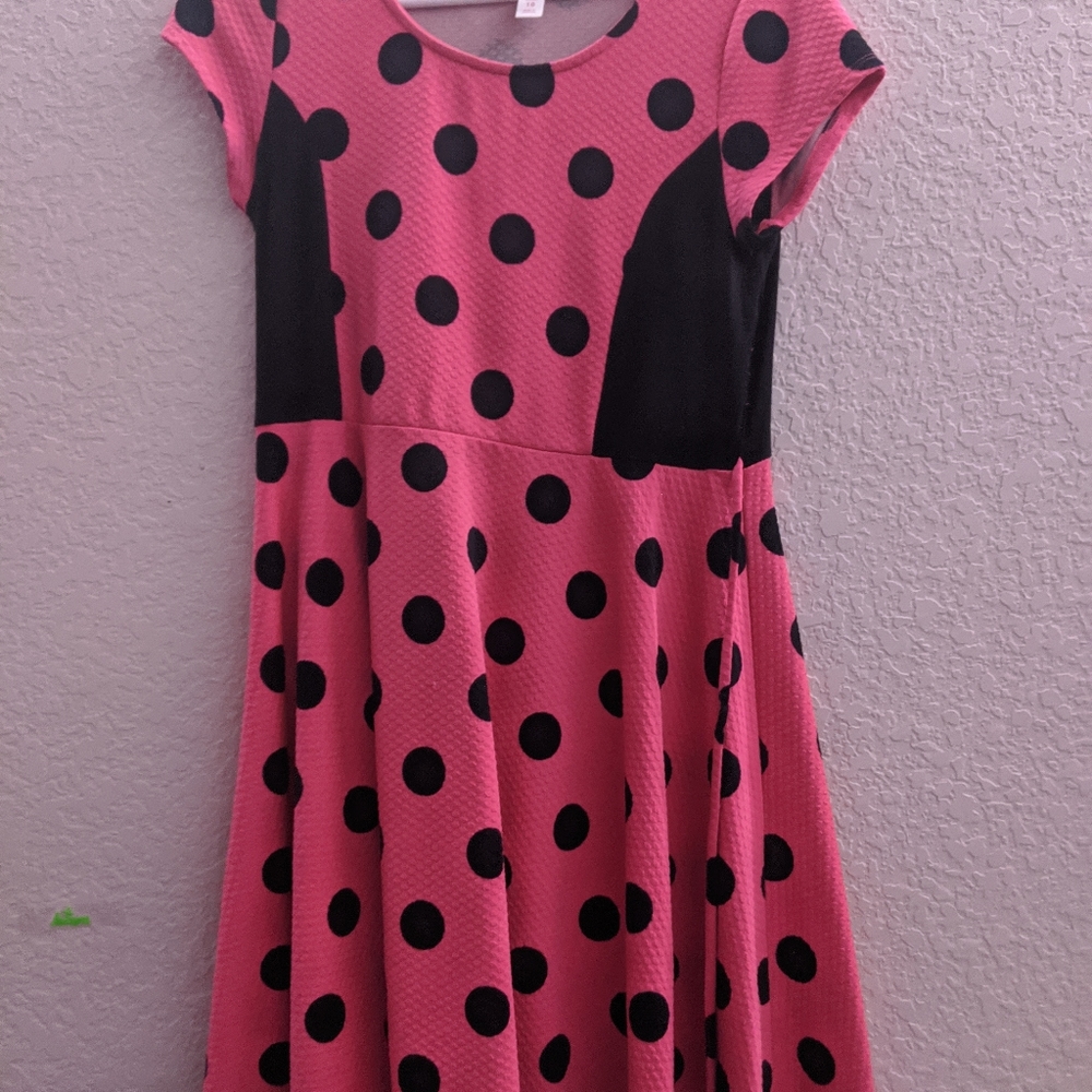 pink dress with black polka dots